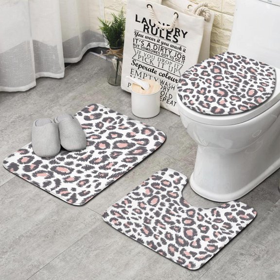 White and Pink Of Leopard Print Bathroom Rugs Sets 3 Piece,Toilet Cover Set,Absorbent Non Slip Bathroom Mats Sets with U-Shaped Contour Rug Toilet Rug Set
