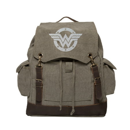 Wonder Woman Logo Vintage Canvas Rucksack Backpack with Leather (Best Leather For Bags)