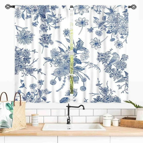 Blue Floral Curtains, Boho Vintage Flower Leaf Chinoiserie Retro Spring Oriental Asian Style Aesthetic Window Curtains for Living Room Bedroom Kitchen Bathroom 2 Panels, 55x39 Inch