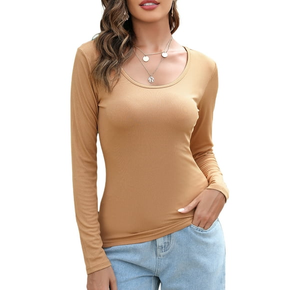 MAWCLOS Ladies Tee Long Sleeve Tops Crew Neck T Shirt Comfy Dailywear Solid Color T-shirt Khaki XL