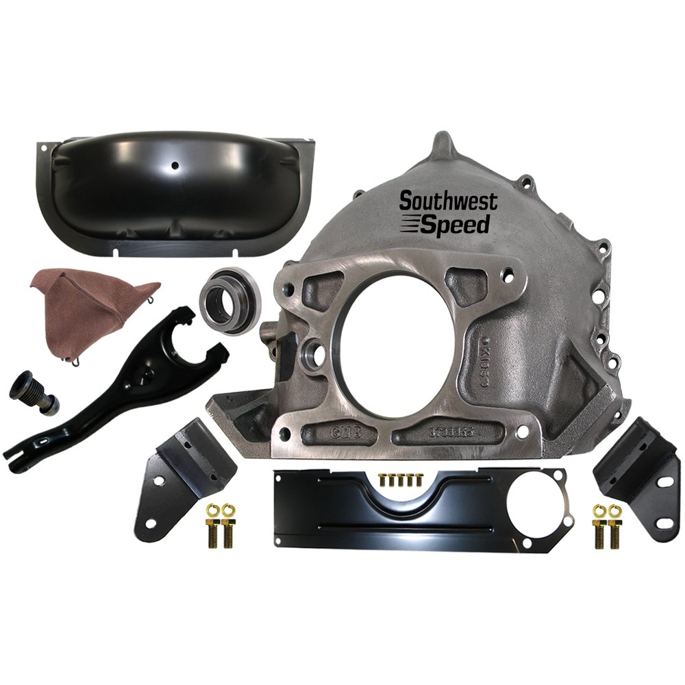 NEW 5557 CHEVY 365 BELLHOUSING, INSPECTION & DUST COVERS, CLUTCH FORK