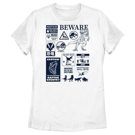 Women's Jurassic World: Dominion Beware Dinosaur Message Collage  Graphic Tee White X Large