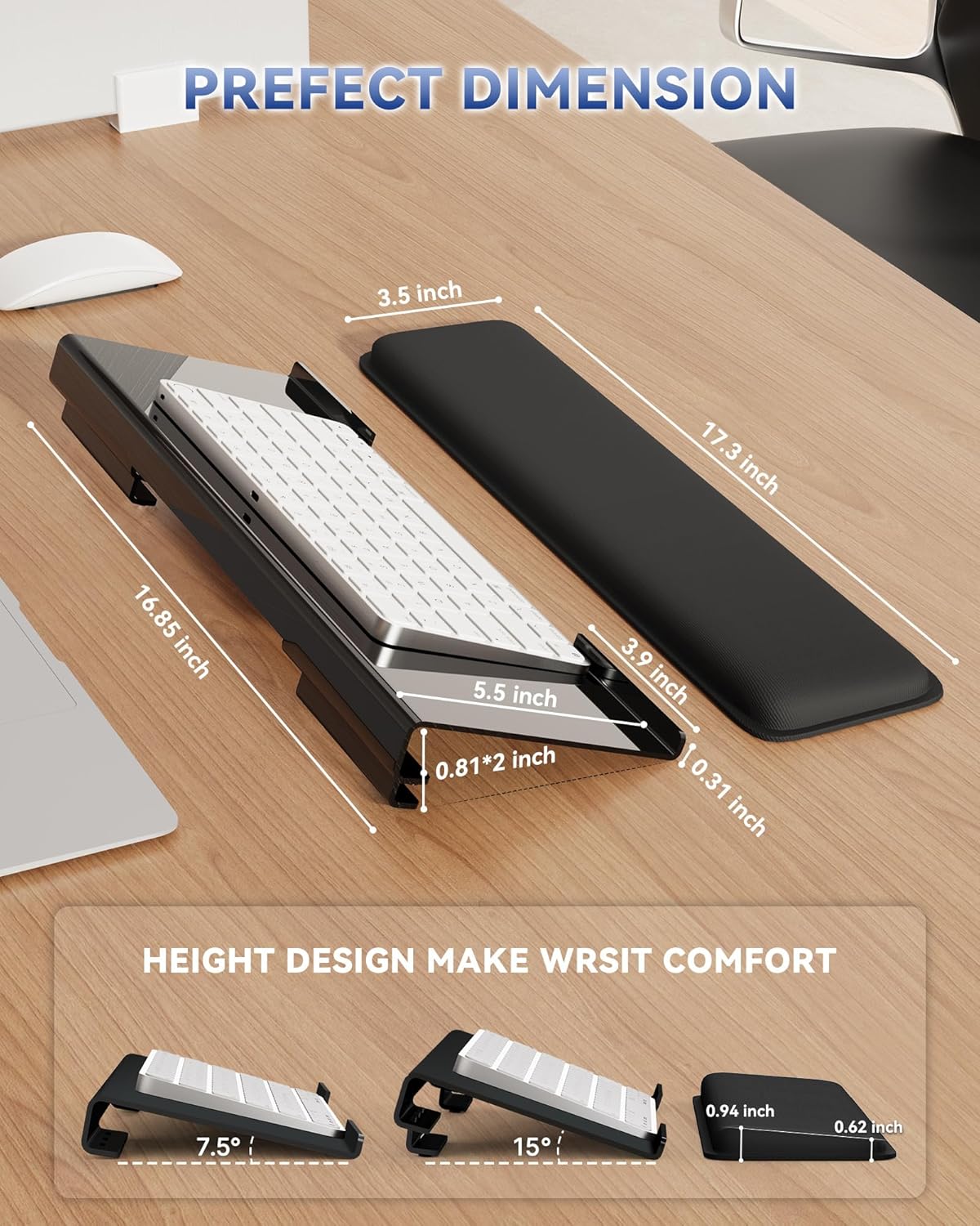 Computer Keyboard Stand for Desktop, 2-Level Height Adjustment Keyboard Wrist Rest, Non-Slip Key Board Riser Pad for Office, Gaming, and Home Desks