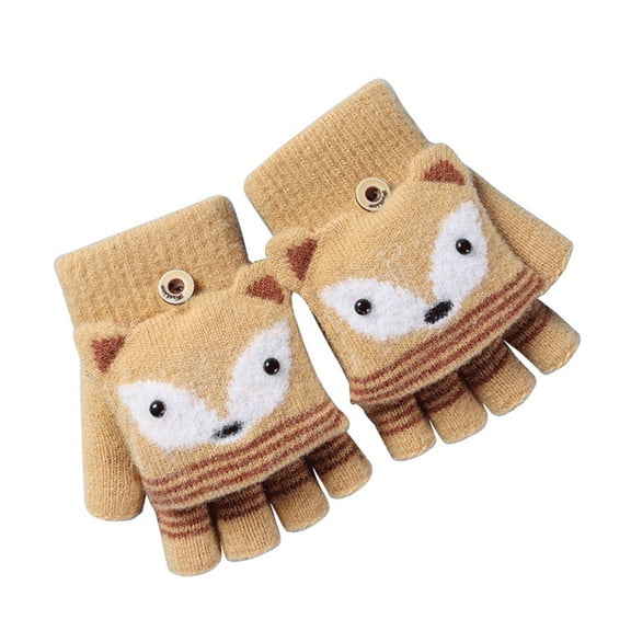 comerut 1 Pair 6-10 Years Boys Girls Gloves Cartoon Fox Half Finger Winter Animal Pattern Stretchy Gloves for School