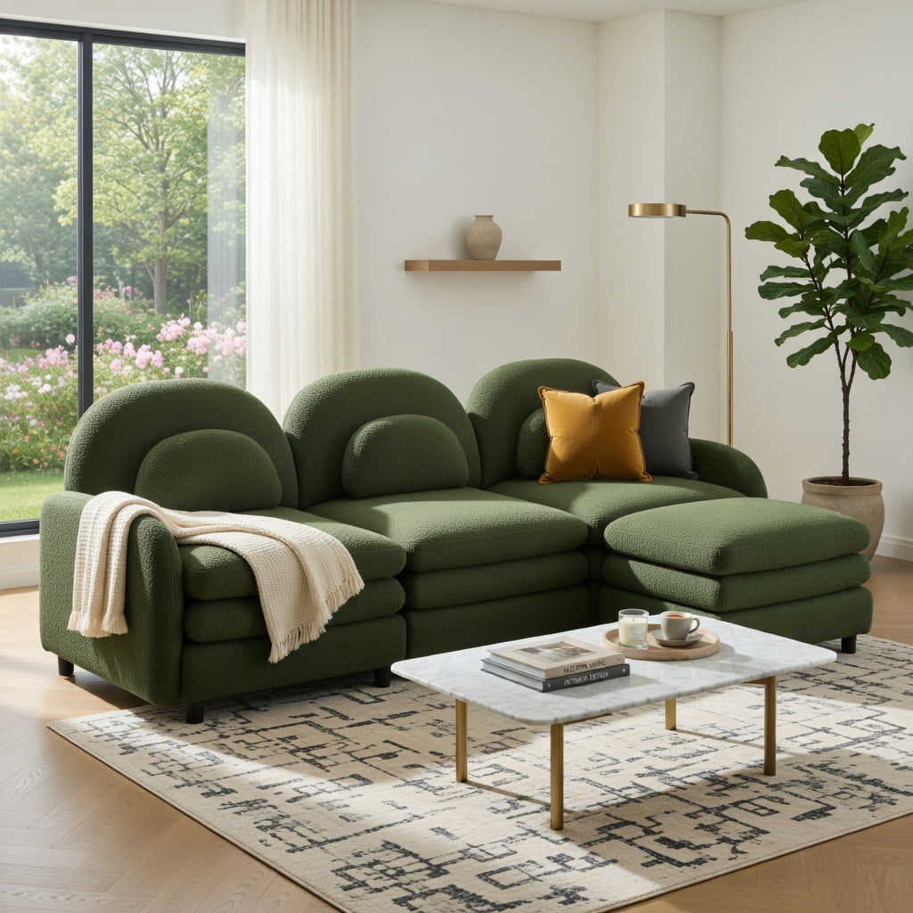 Hommoo Teddy Fleece 3-Seat Modular Sofa Set with Curved Backrest, Movable Ottoman & Lumbar Pillows, Cloud-Like Comfort Couch, Green