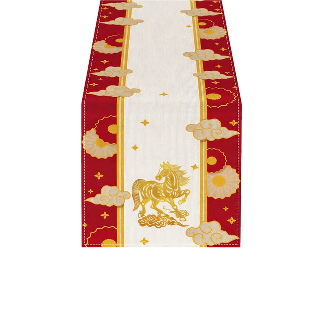 Chemin de Table Année du Cheval avec Tissu en Lin et Motif de Cheval Doré, Support Résistant à la Chaleur pour Table à Manger et Décoration de Fête, 12,99 X 72,05 Po