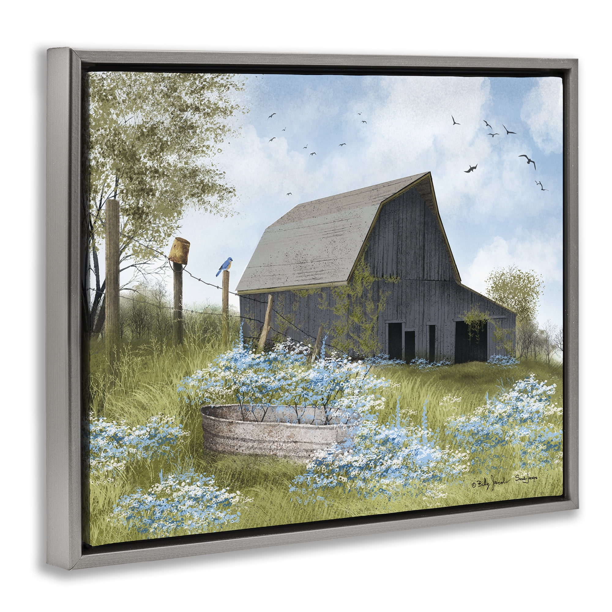 Stupell Industries Blue Floral Country Garden Landscape & Nature Painting Gray Floater Framed Canvas Art Print Wall Art, 21 x 17