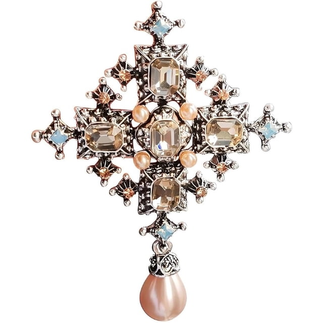 HUGFEGWE Broches Croisées Style Baroque pour Femmes Mode Classique Cristal Incrusté Perle Pendentif Crucifix Corsage Col à Revers U2537-32677