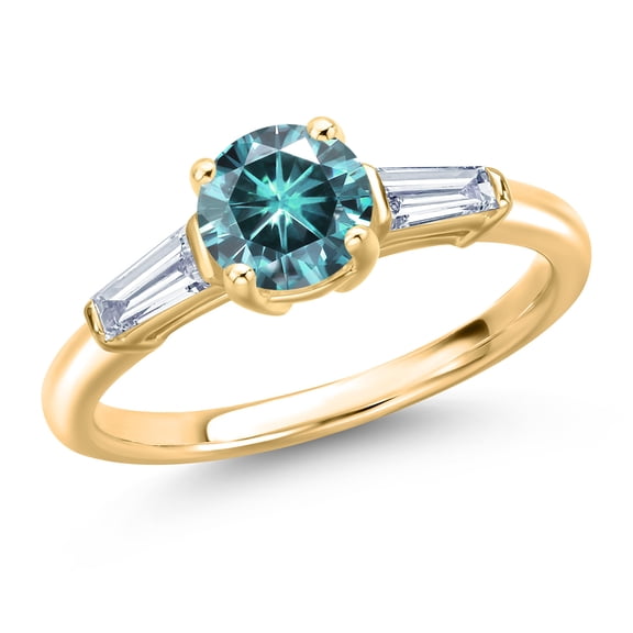 Gem Stone King 10K Yellow Gold Blue Moissanite and Lab Grown Diamond Engagement Ring for Women | 1.30 Cttw | Round 6.5MM | Gemstone Birthstone | Size 7