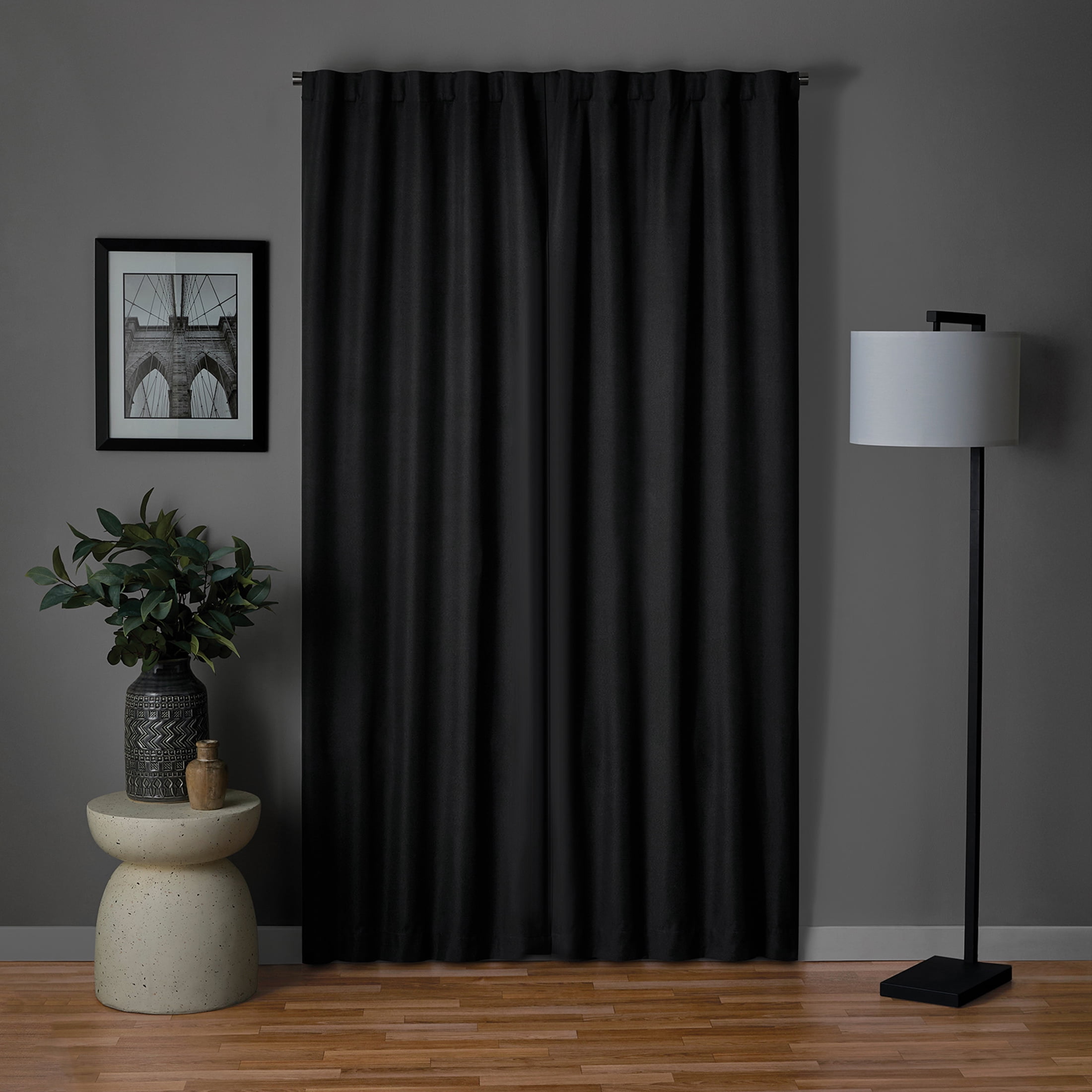 Mainstays Black Solid Blackout Rod Pocket with Back Tabs Curtain Panel Pair, Set of 2, 30" W x 84" L