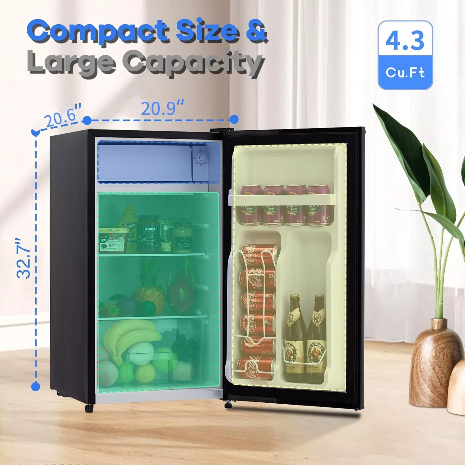 WhizMax 4.3 Cu.Ft Mini Fridge W/ Freezer Adjustable Thermostat & Reversible Single Door Black