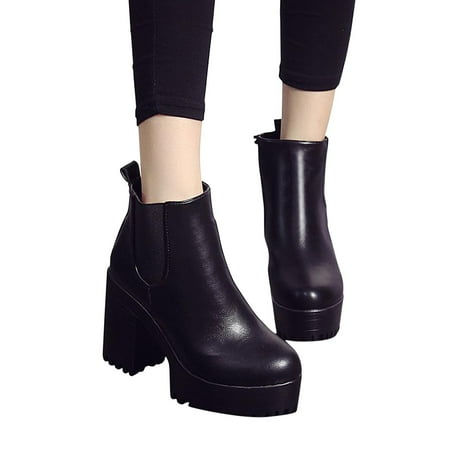

Josdec Womens Boots Wide Width Low Barrel Round Head Waterproof Platform Thick High Heel Plush Short Boots Cowgirl Boots Black 35