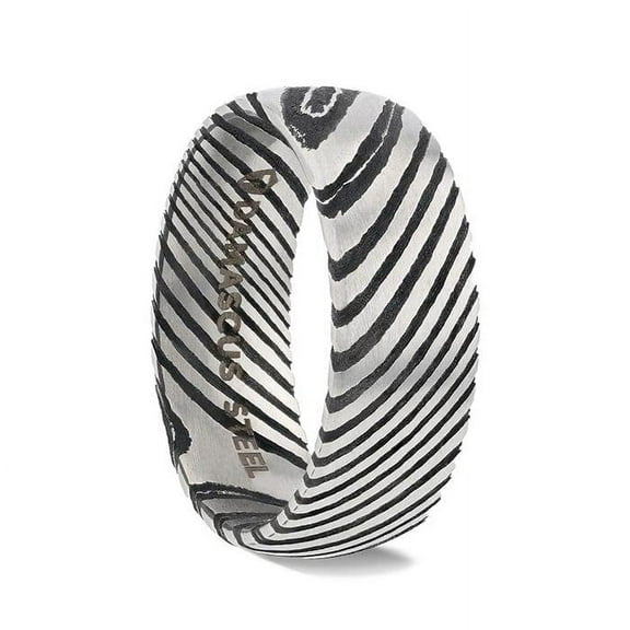 STARK Black Domed Brushed Damascus Steel Men’s Wedding Band with Vivid Etched Design- 6mm - Size 10