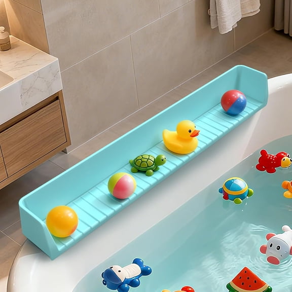 Bathtub Splash Guard for Tub Kids, 31” Longer Silicone Water Splash Guard for Bathtub,Play Shelf for Bathing with 11 Strong Suction Cups,Prevents Water Spills in Bathroom (Blue)