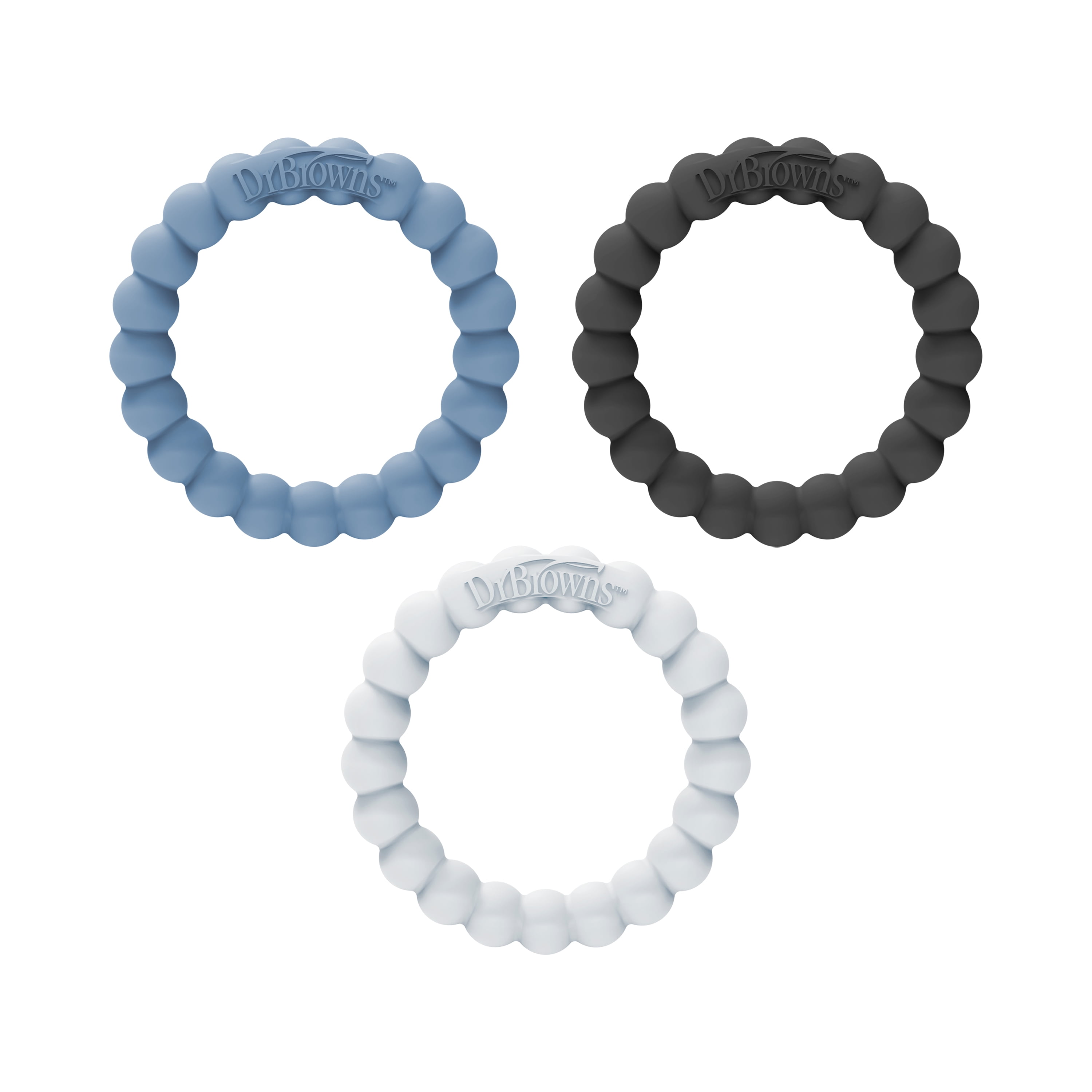 Dr. Brown's Flexees Baby Teether, Beaded Rings, 100% Silicone, Black/Blue/Light-Blue, Infant-Toddler, 3-Pack