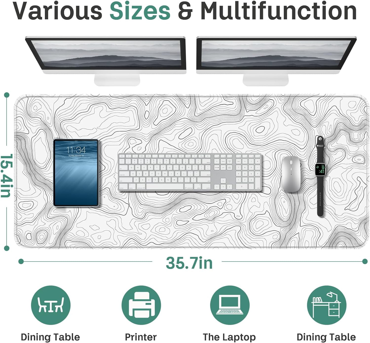 Topographic White Gaming Mouse Pad Black Desk Mat,Office Desk Pad,XXL Large Mouse Pad for Desk 35.4x15.7in Mousepad with Stitched Edges,Non-Slip Rubber Base,Waterproof Computer Keyboard Pad