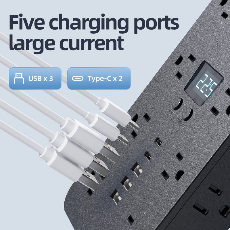 JOUALY 21-in-1 Power Strip with Digital Clock, Surge Protector with 16 Wide Spaced AC Outlets & 5 USB Ports(3A2C), Flat Plug 5FT Cord, FCC Certified USB Charging Station for Home Office Dorm, white