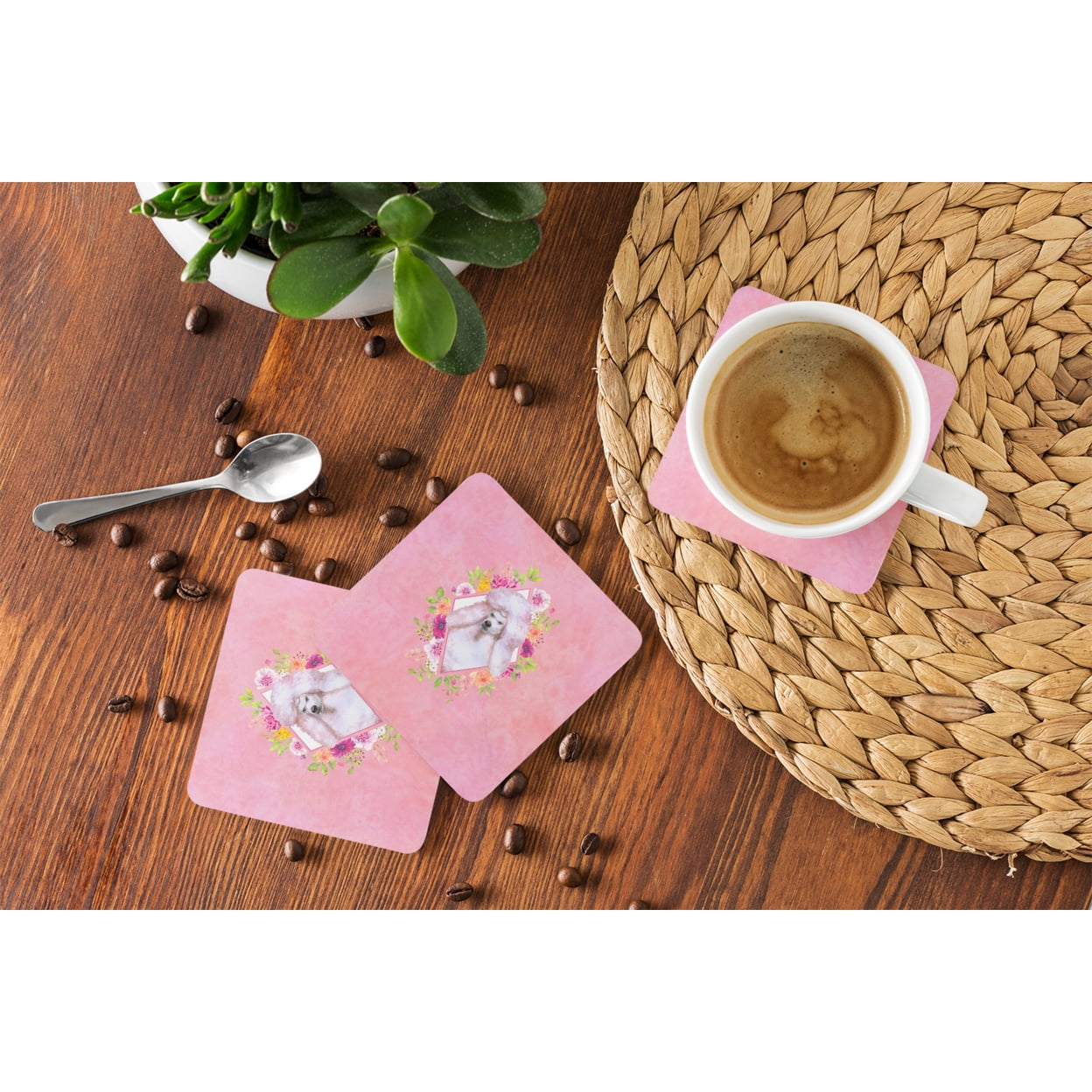 Standard White Poodle Pink Flowers Foam Coaster Set of 4