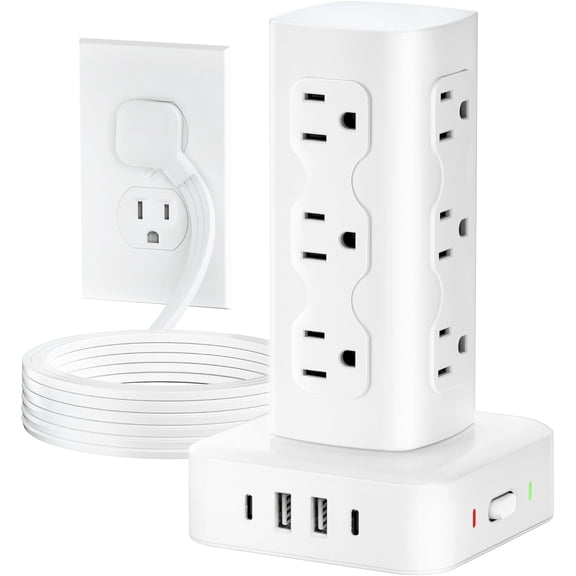 Power Strip Tower Surge Protector(2000J), Flat Plug Charging Station with 12 AC Outlets & 4 USB Ports(2 C), 6FT Extension Cord for Home Office Dorm, White