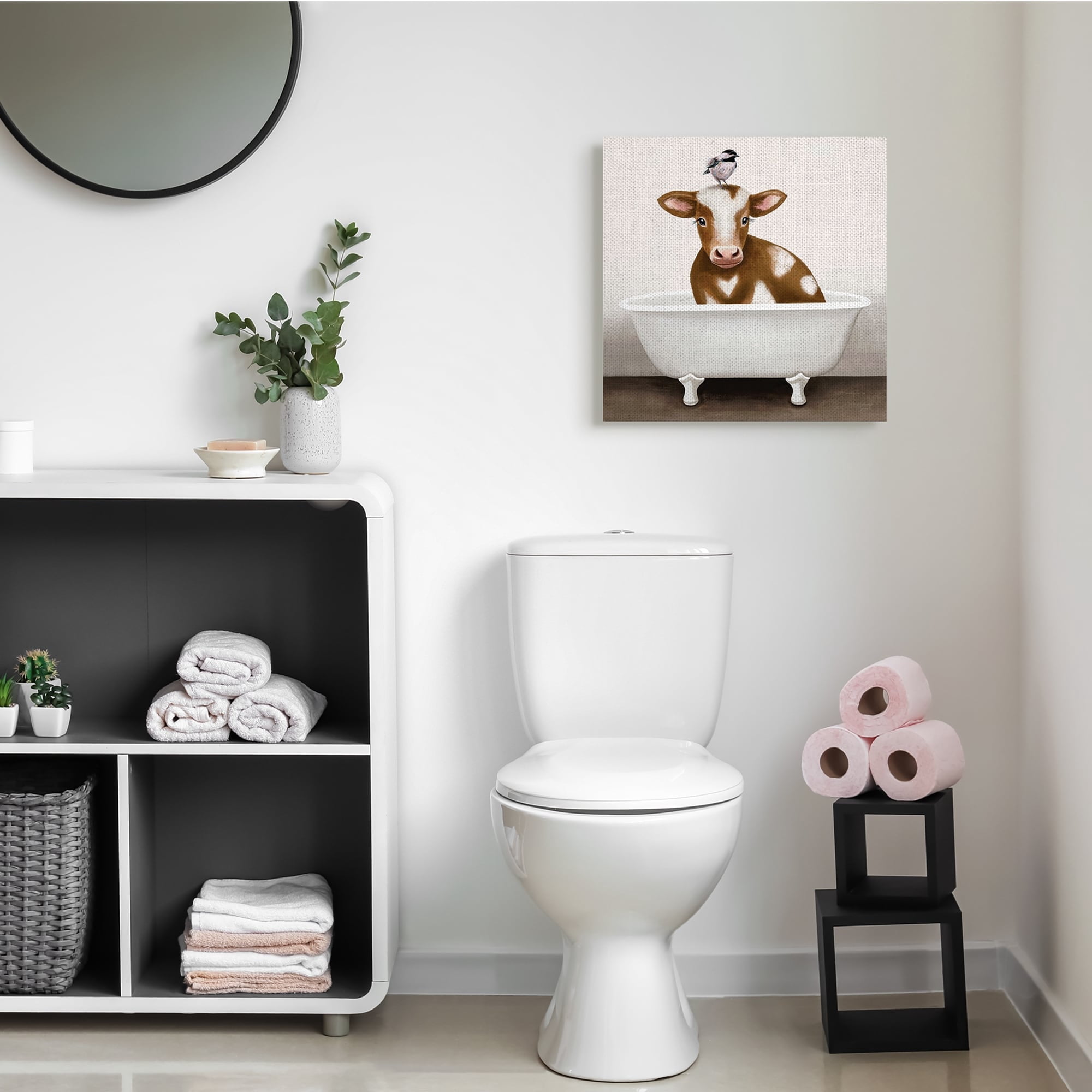 Stupell Industries Cow in Bathtub with Perched Bird Animals,24 x 24,Designed by Elizabeth Tyndall