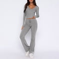 thumbnail image 2 of Conjunto de 2 piezas de manga larga para mujer: top con cuello en V y pantalones anchos, poliéster y spandex, tallas S-XL, 2 of 5