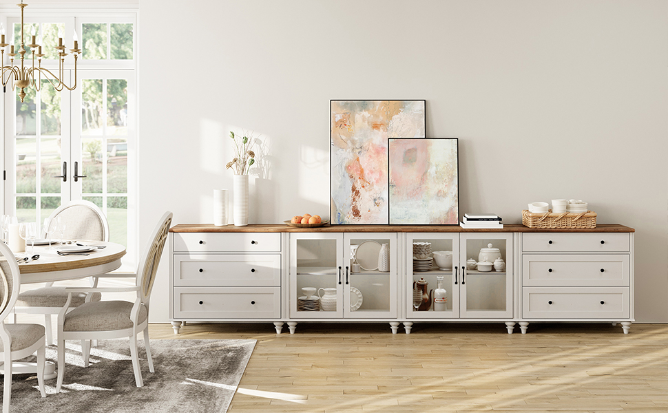 4-in-1 TV Stand for 75 Inch TV, Wood TV Cabinet Entertainment Center Television Stands for Living Room, Sideboard Buffet Cabinet with Glass Door & Drawer for Kitchen, White