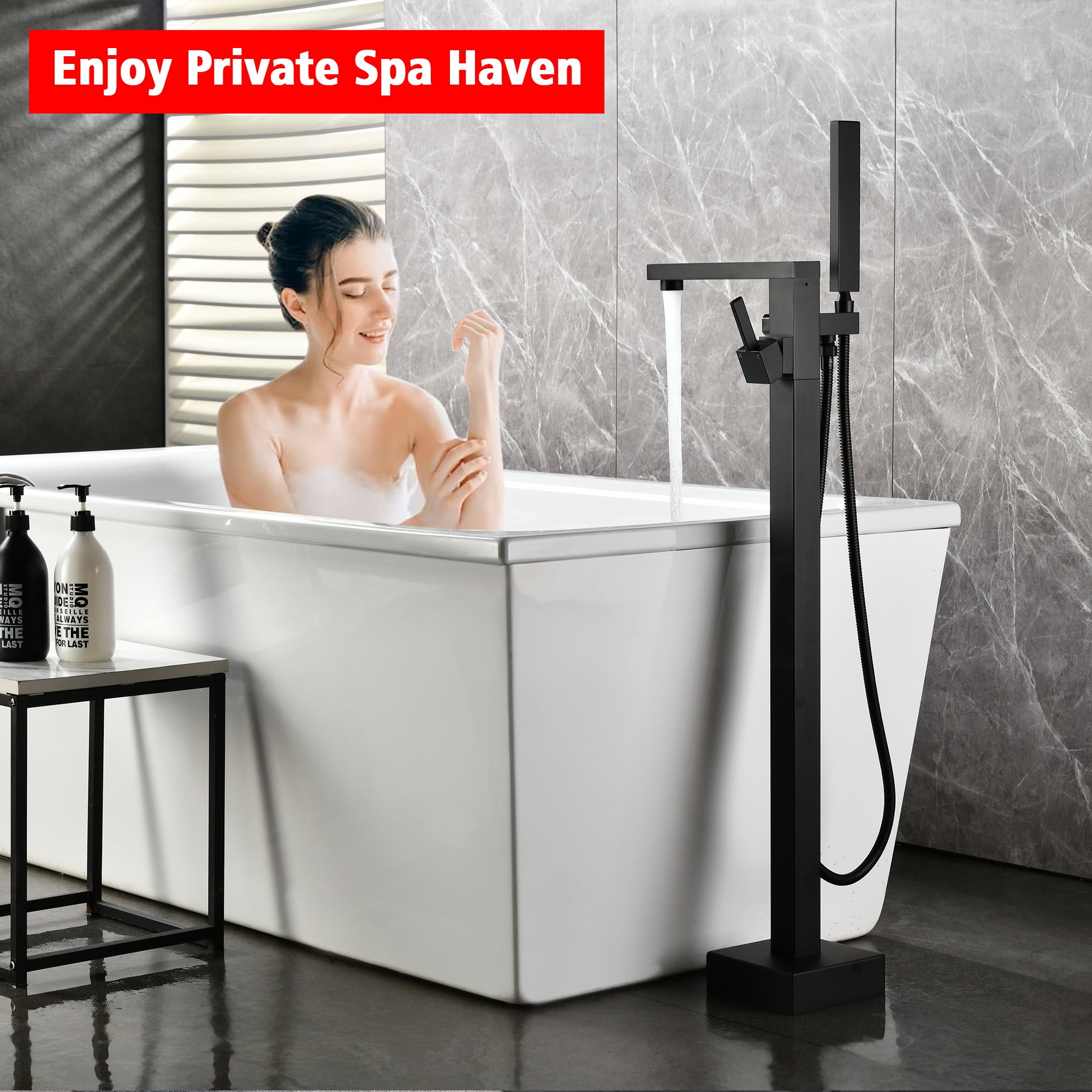 SUMERAIN Floor Mount Bathtub Filler Faucet with Hand Shower, Matte Black High Flow Freestanding Bathroom Tub Faucet with 360-degree Swivel Spout