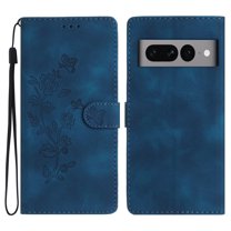 SaniMore Wallet Case for Google Pixel 7 Pro 6.7" 2022, PU Leather Embossed Flower Shockproof [Card Slots   Cash Pocket   Removeable Wrist Strap] Kickstand Full Protective Business Shell, Darkblue