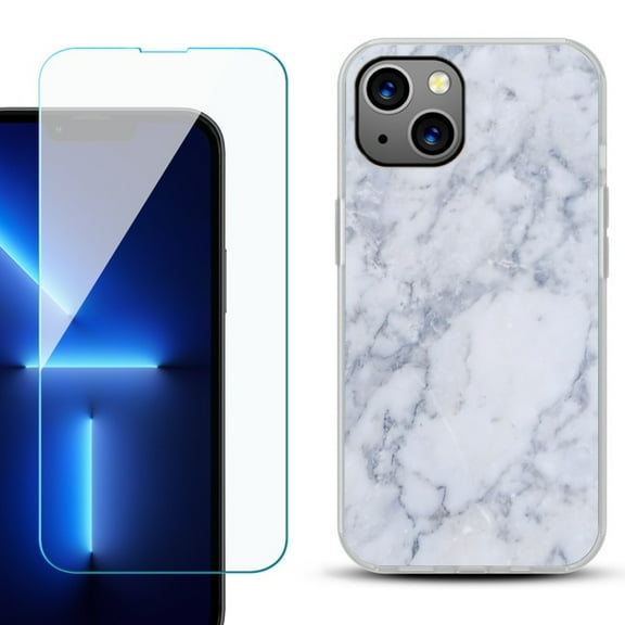 OneToughShield ® for iPhone 15 Plus Shockproof Phone Case, with Tempered Glass Screen Protector - Marble / Clouds