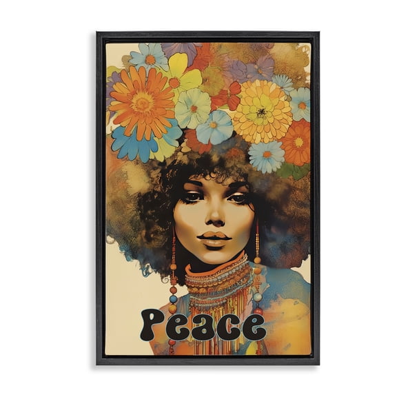 Peace Groovy Afro Girl Black Framed Floater Canvas Wall Art, design by Sasha