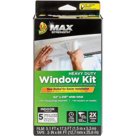 MAX Strength Window Insulation Kit, Winter Window Seal Kit Fits up to 5 Windows, Heavy Duty Shrink Film Cuts to Size for Easy Indoor Installation, Window Tape Included,62 In. x 210 In., Clear