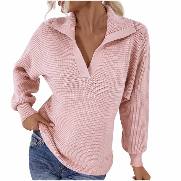 Suéter de punto con cuello de traje nuevo de otoño e invierno para mujer, suéter de manga farol, suéter de Color sólido Pompotops hdfakjf11865