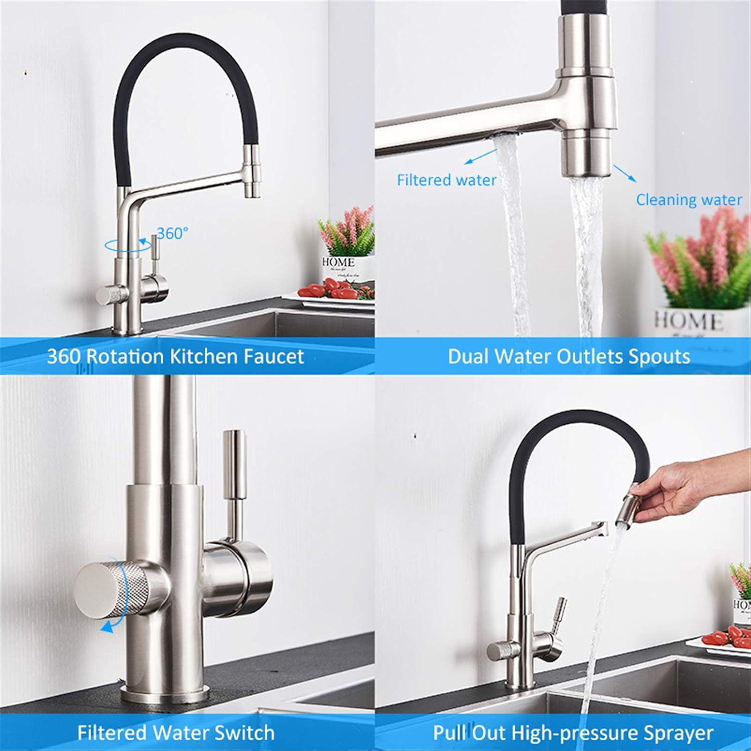 Kitchen Faucet, Pull Down Pure Water Kitchen Mixer Tap, Purification Filter Water Crane for Kitchen Mixer, Nickel