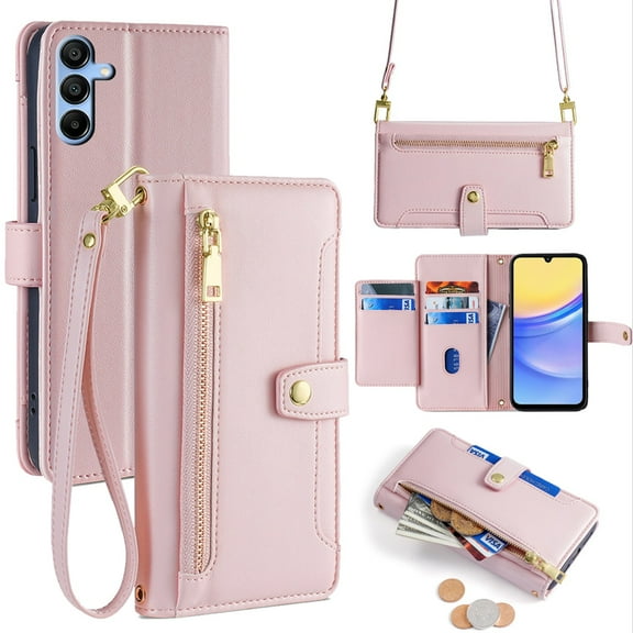 ELEHOLD for Samsung Galaxy A16 5G Wallet Case Crossbody, Zipper Phone Case with Card Holder Large Capacity Wrist Strap Leather Purse Cover for Women Men for Samsung Galaxy A16 5G,Pink