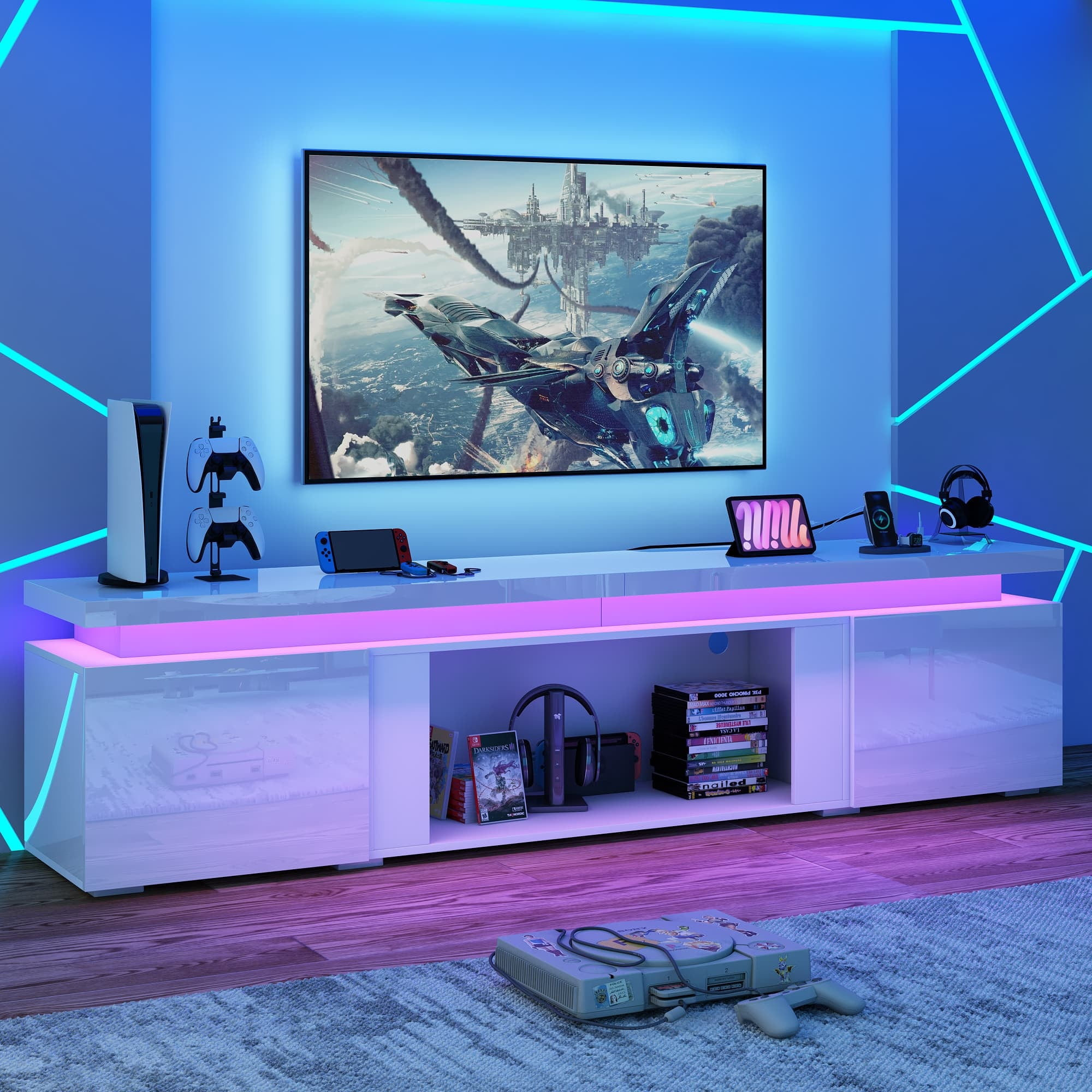 71" LED TV Stand with 40" Fireplace Slot & Power Outlet, High Gloss Fireplace TV Stand for 65 70 75 80 inch TVs, Modern Media Console Entertainment Center (No Fireplace)