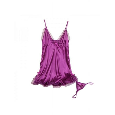 Women Sexy Chemise Suspenders V-neck Solid Color Soft Lace Lingerie Teddy Nightdress