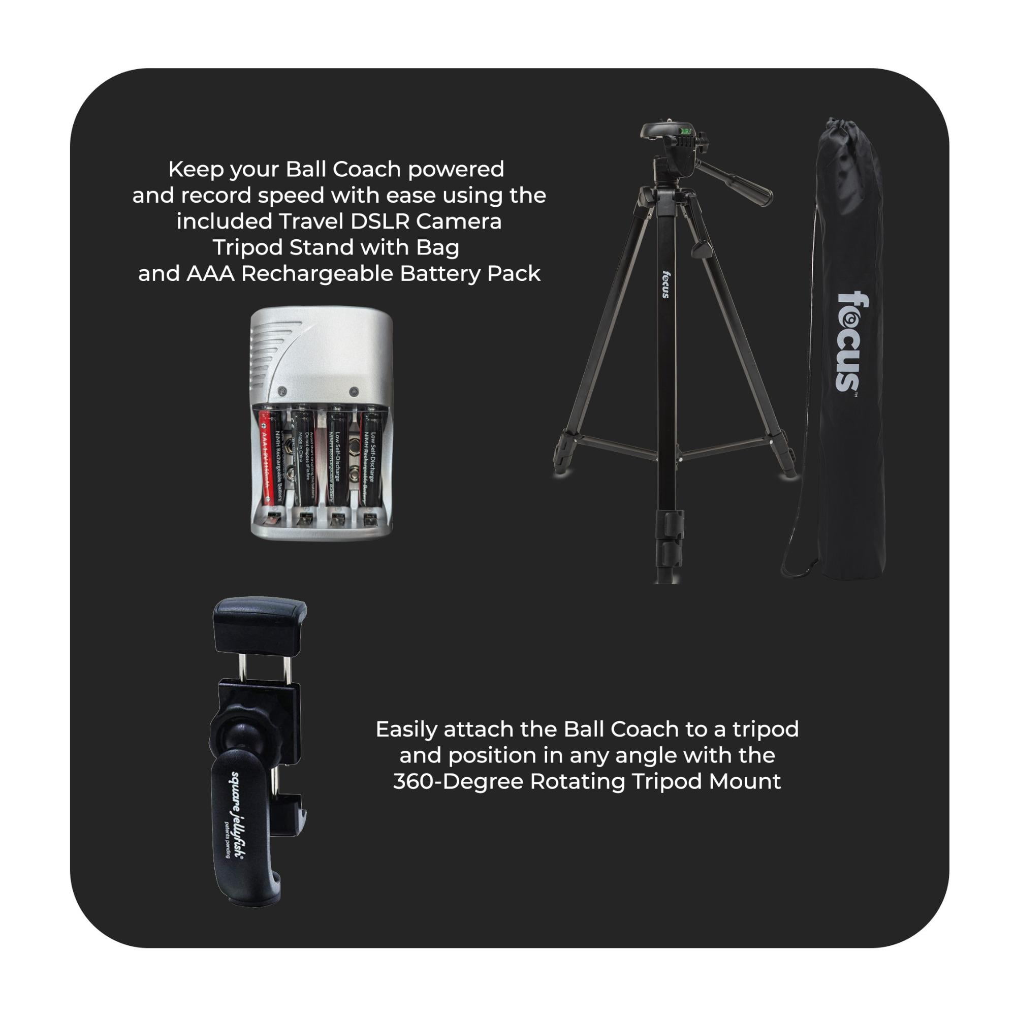Pocket Radar Ball Coach / Pro-Level Speed Training Tool and Radar Gun +Focus Full Sized 59" Photo & Video Tripod + Square Jellyfish Pocket-Sized Spring Tripod Mount for Smartphones 2-1/4 - 3-5/8" Wide