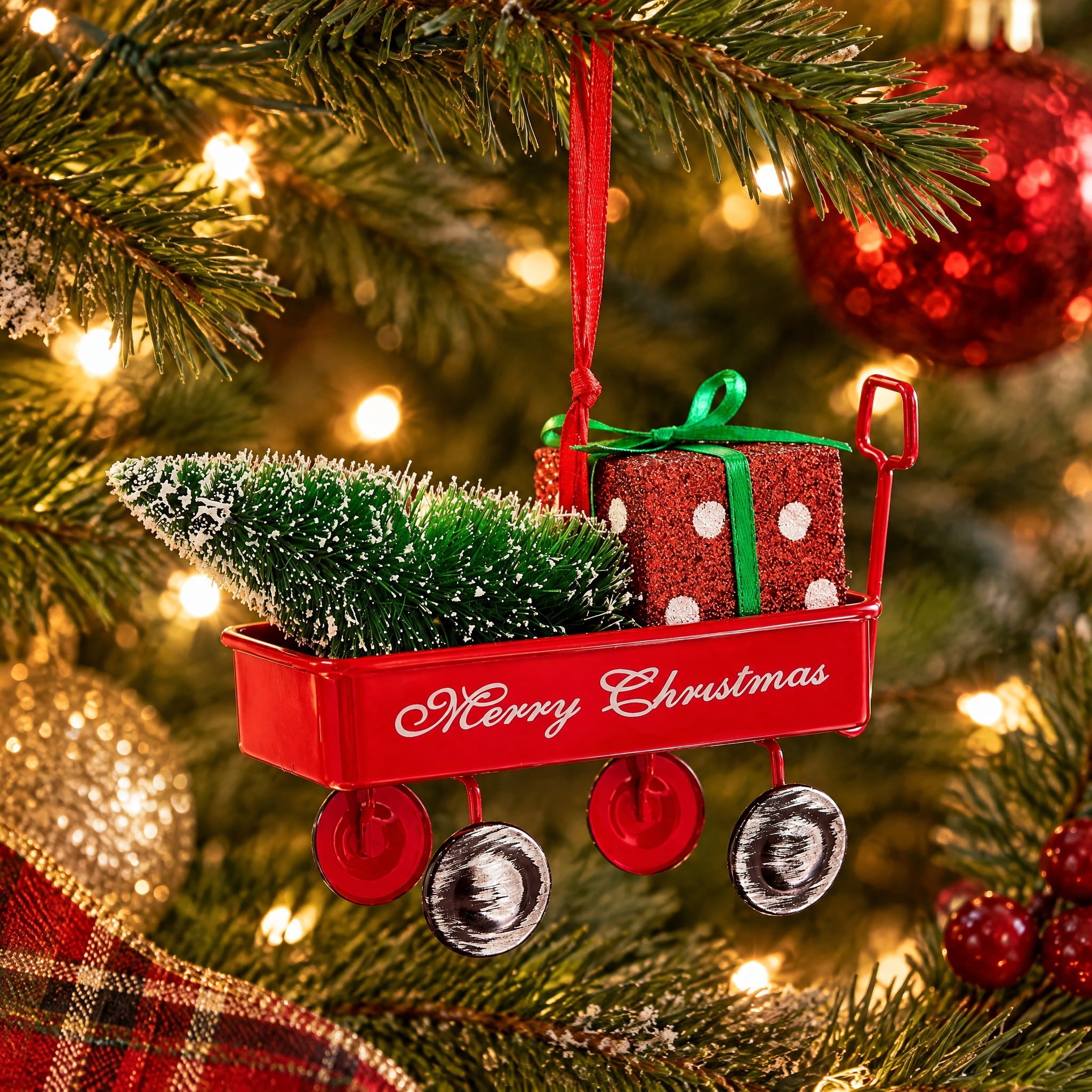 Red and White Metal Merry Christmas Wagon Ornament, 3.3", by Holiday Time
