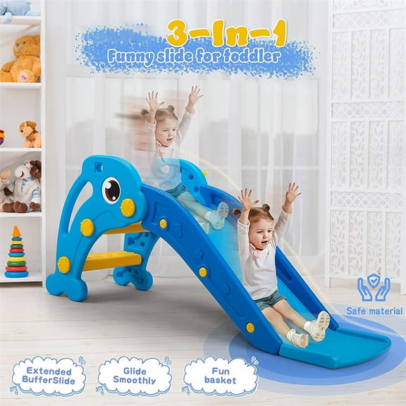 Kids Slide for Indoor and Outdoor, Freestanding Slide for Toddler Playground Slipping Slide Climber Toy Playset with Basketball Hoop & Ball-Blue