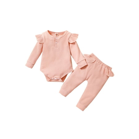 

Binpure 2Pcs Baby Outfits Solid Color Ribbed Long Sleeves Romper + Pants