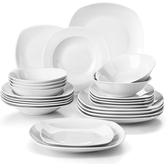 Dinnerware Sets, 24- Porcelain Square Dishes, Grey White Ceramic Dish Set for 6, Chip and Scratch Resistant Plates and Bowls Sets, Series ELISA