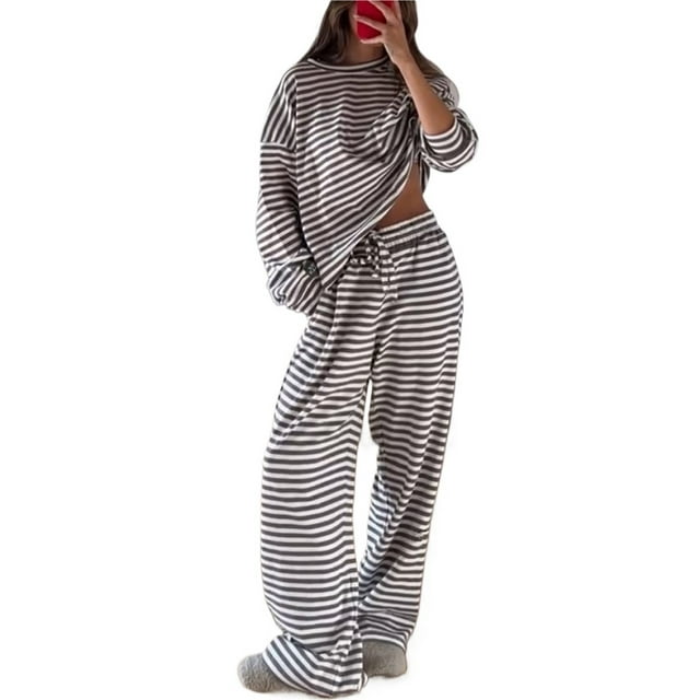 Pijamas de rayas for mujer, conjuntos de 2 piezas, camisetas de manga larga, pantalones anchos con cordón, conjuntos a juego, conjuntos de estar en casa