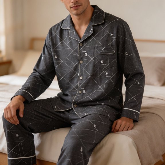 Eltusu Men's Cotton Pajamas Sets, Lightweight Loungwear 2 Pieces Long Sleeve Sleeping Suits Black Size XL