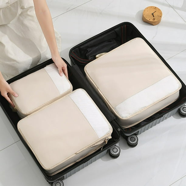 Juego de bolsas organizadoras de viaje | Almacenamiento de compresión para ropa, zapatos, artículos de tocador | Paquete de 3 | Beige | Material de la tela | Medidas: 38x10cm, 30x10cm, 20x10cm |