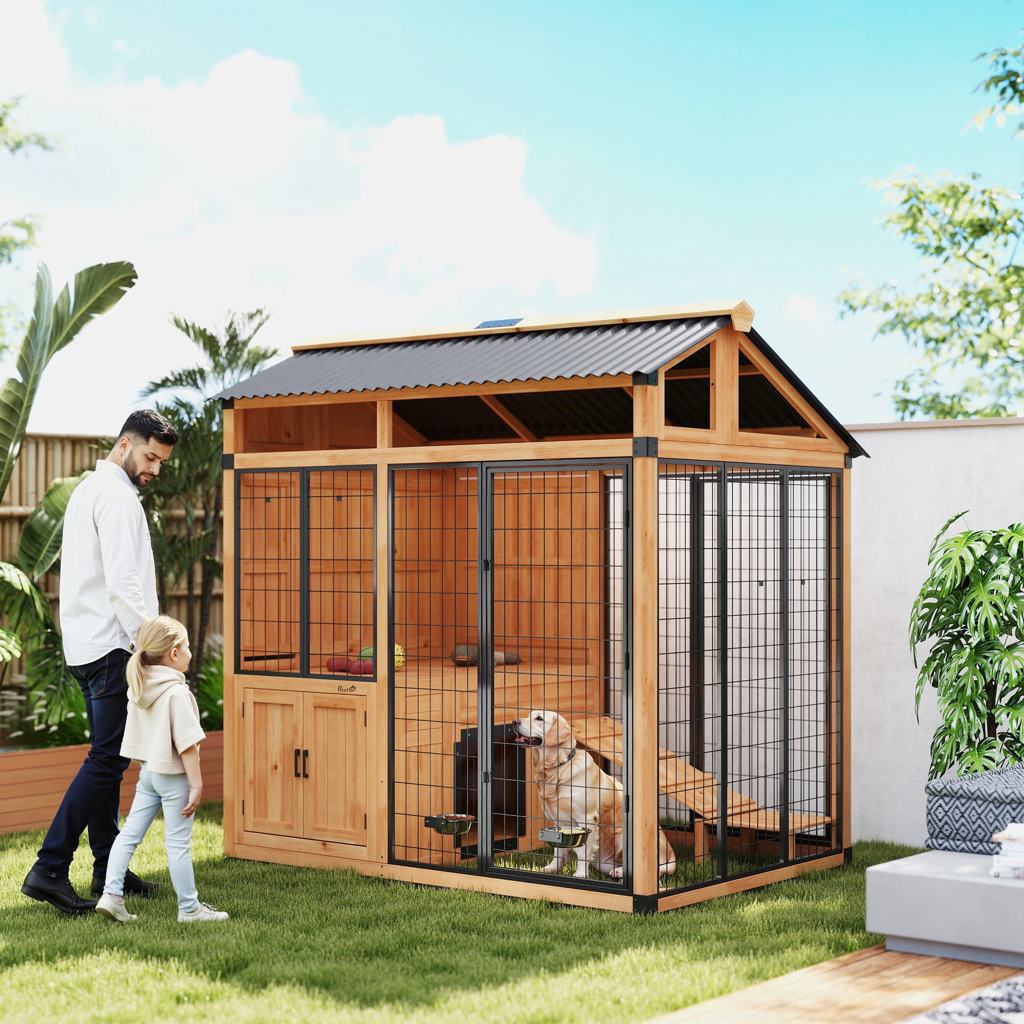 PawHut Extra Large Dog House, Wood Outdoor Dog Kennel with Platform, Storage Cabinet, Waterproof Roof, Stainless Steel Bowls for Large Breeds, Yellow