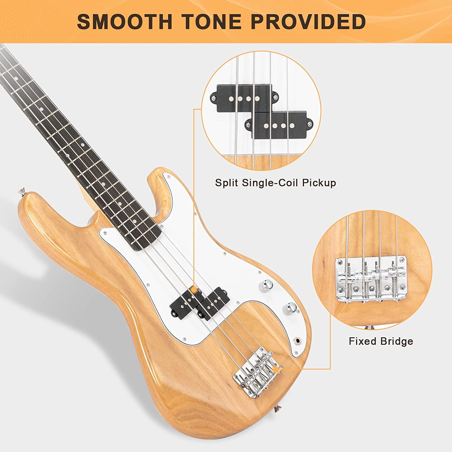 GLARRY Full Size Electric Bass Guitar with 20W AMP, 4 String Beginner Starter Kit with Accessories including Cable, Strap, Bag for Kids and Adults (Burly Wood)