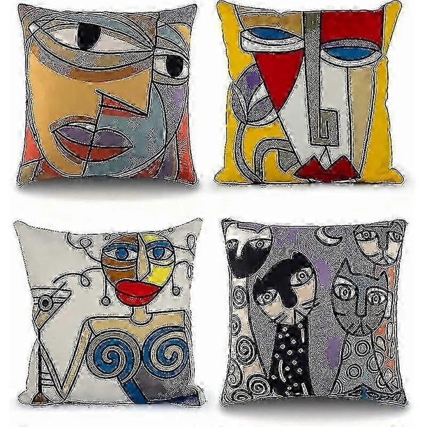 Juego de 4 fundas de cojín Picasso de 45x45 cm, bordadas, de algodón y lino, para sofá, decoración escandinava de salón, dormitorio, cama, oficina, sillón.