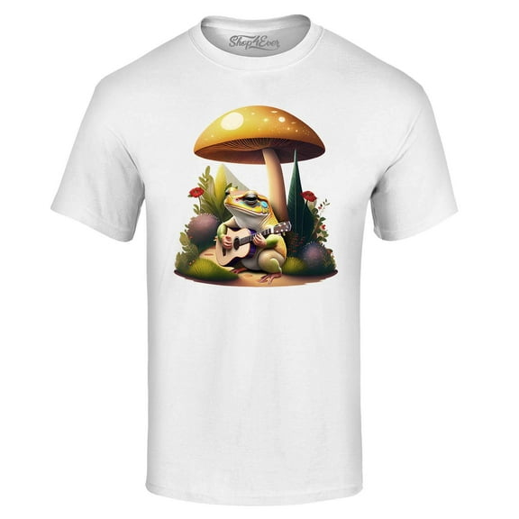 Shop4Ever Men's Frog Playing Guitar Mushroom Cottagecore Graphic T-shirt XX-Large White