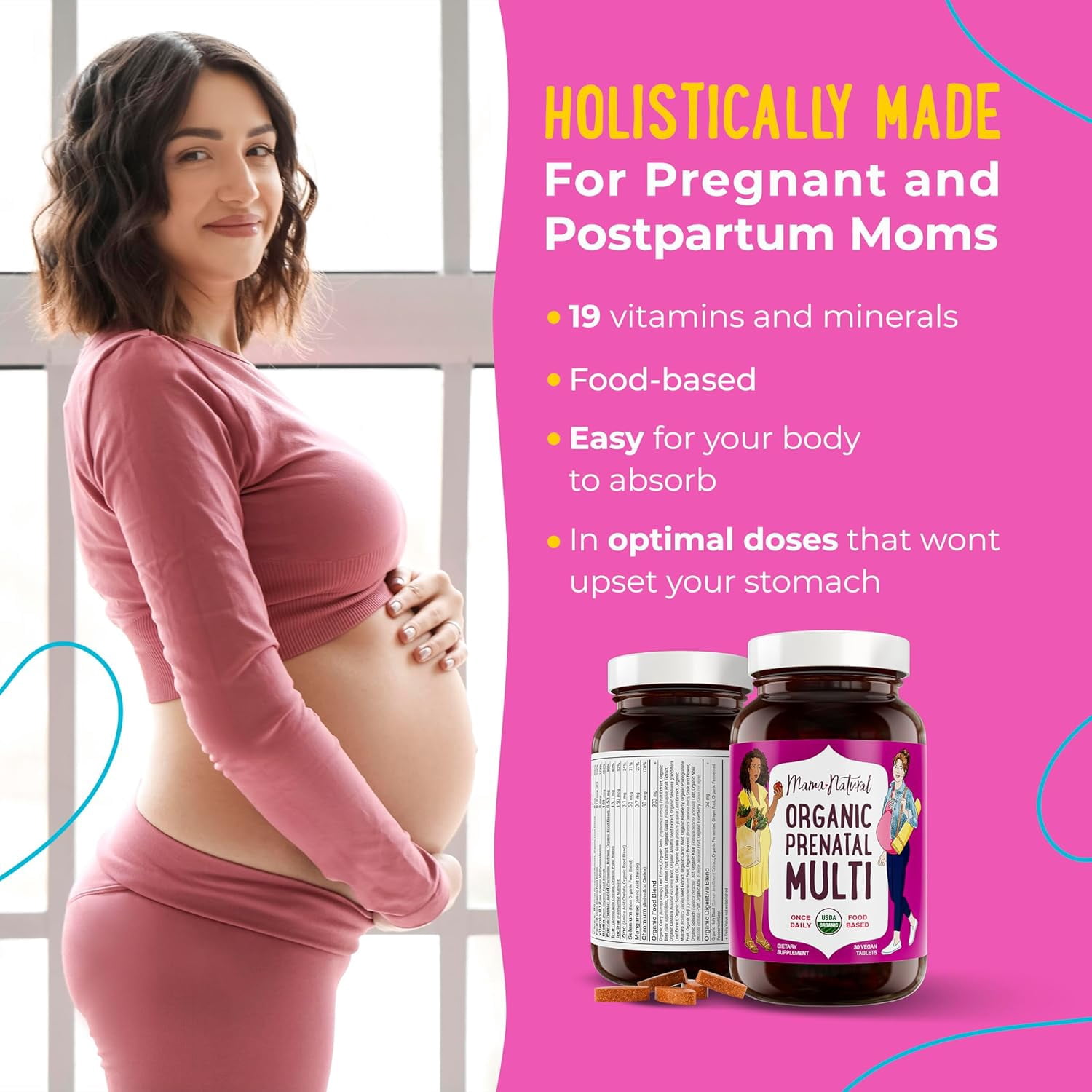 Mama Natural Organic Prenatal Vitamins for Women Vegan (30 Servings) | One A Day Prenatal Vitamins for Pregnant Women | Food Based, Non-GMO & Gluten-Free - Pre Natal Multivitamin with Folate