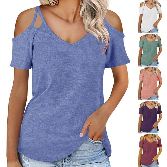 Fesfesfes Womens Fashion Tops Women's Summer Solid Short Sleeve Top Off Shoulder V-Neck Casual Lace Up T-shirt Short Sleeve Shirts for Women Fitted L(US:8)